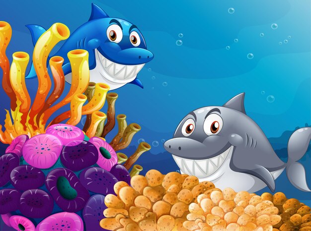 Многие акулы мультипликационный персонаж на подводном фоне