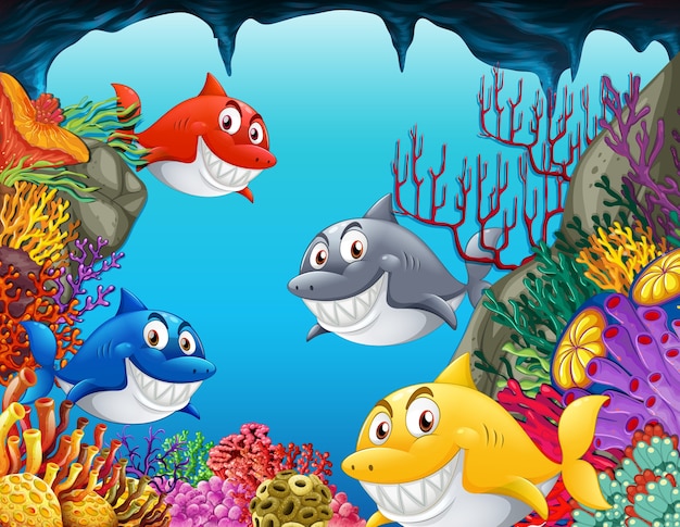 수중 그림에서 많은 상어 만화 캐릭터