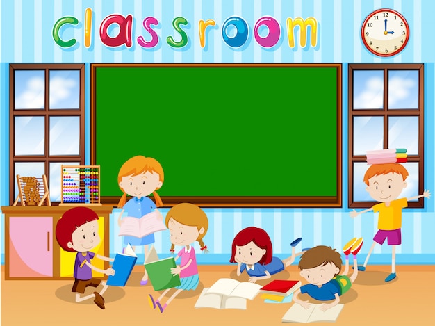 Free vector many students reading book in the classroom