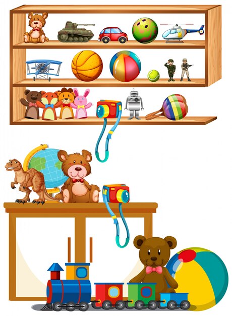 Many toys on the wooden shelves