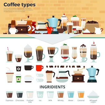 다양한 종류의 다양한 커피 컵과 맛있는 커피 머신과 재료가 담긴 잔