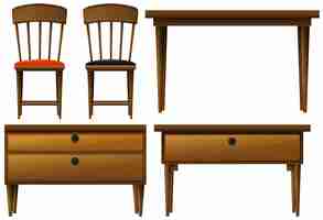 Free vector many types of wooden furnitures illustration