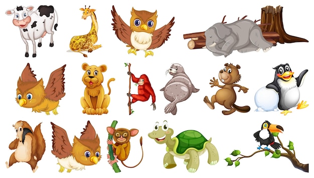 Free vector many wild animals on white background