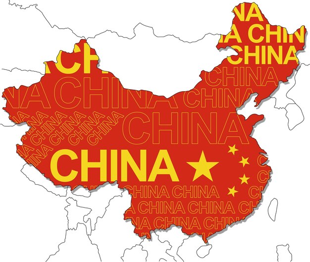Map Of China Composed Of Its Land, The Country Name, And The Colors Of The National Flag.