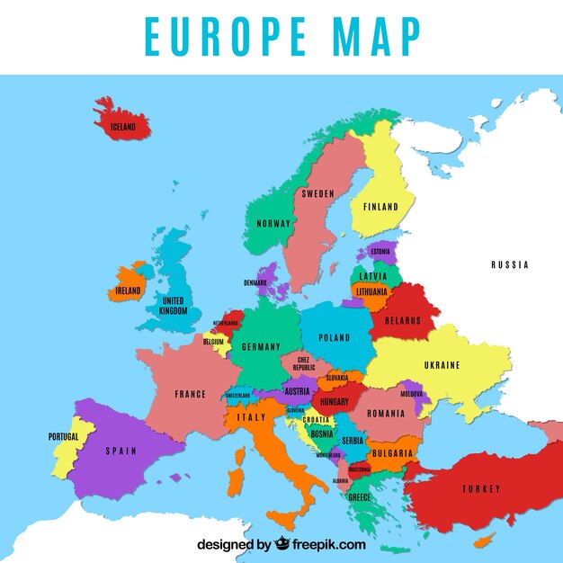 Map of europe with colors in flat style