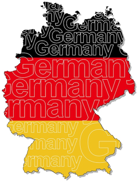 Mappa della germania composta dalla sua forma, dal nome del paese e dai colori della bandiera nazionale.