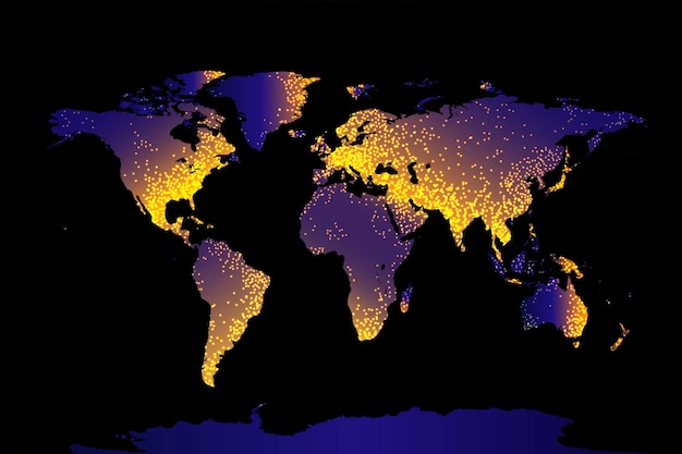 Карта на черном фоне. планета земля из космоса. мерцающие огни городов и мегаполисов. векторная иллюстрация