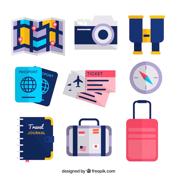 Free vector map and other travel elements set in flat design