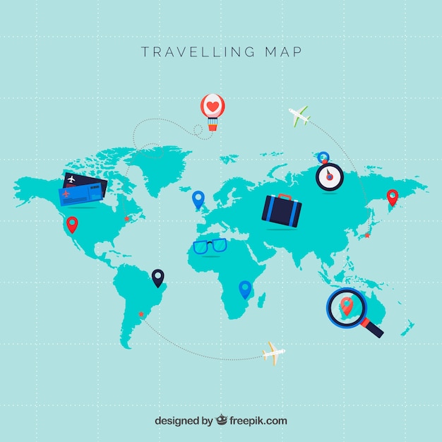 Free vector map and travel elements with flat design