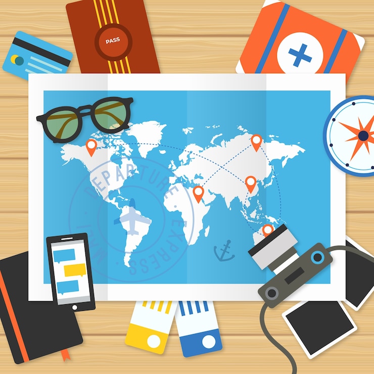 Free Vector map and travel elements with flat design