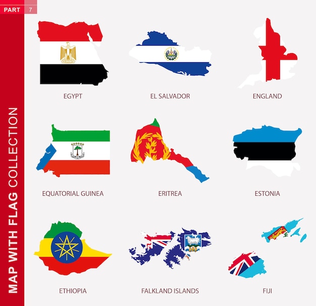 Карта с коллекцией флагов, девять контуров карты с флагом египта, сальвадора, англии, экваториальной гвинеи, эритреи, эстонии, эфиопии, фолклендских островов, фиджи
