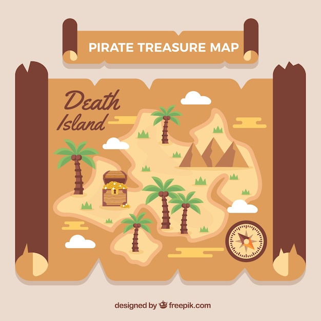 Vettore gratuito mappa con palme e tesoro di pirati