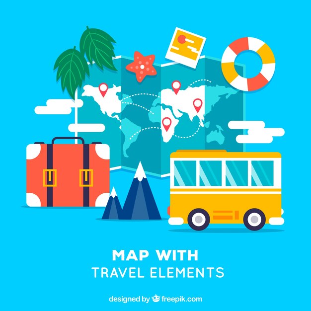 Map with travel elements in flat style