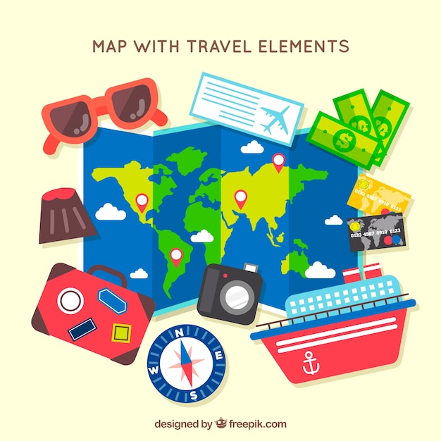 Map with travel elements in flat style