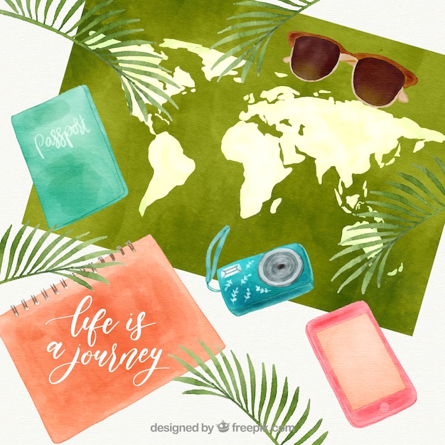 Free vector map with travel elements in watercolor style