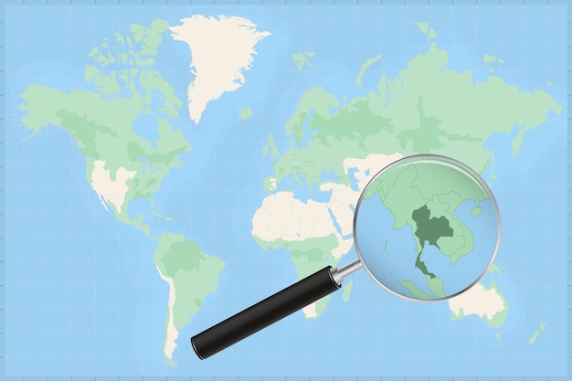 Map of the world with a magnifying glass on a map of thailand.