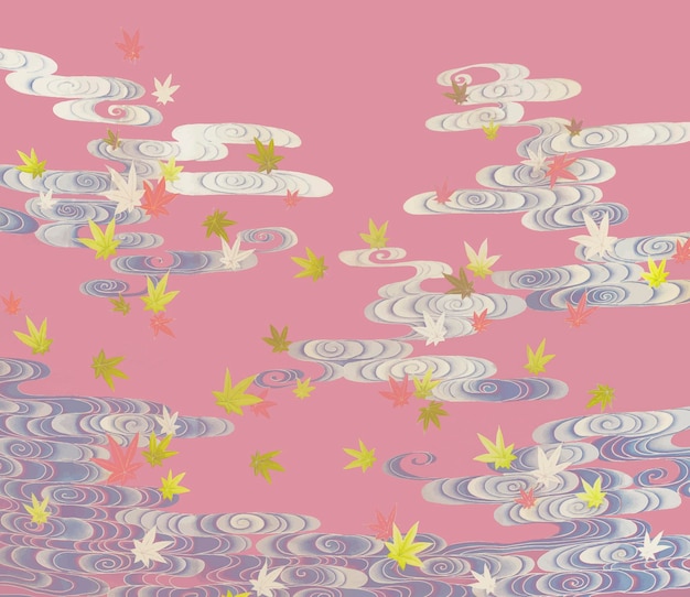 Maple leaves in tatsuta river vintage illustration, remix from original artwork.