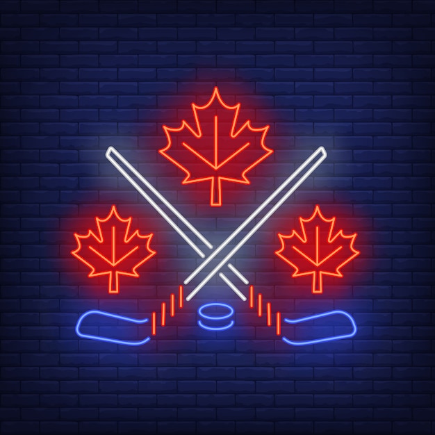 Free vector maple leaves with crossed hockey sticks neon sign