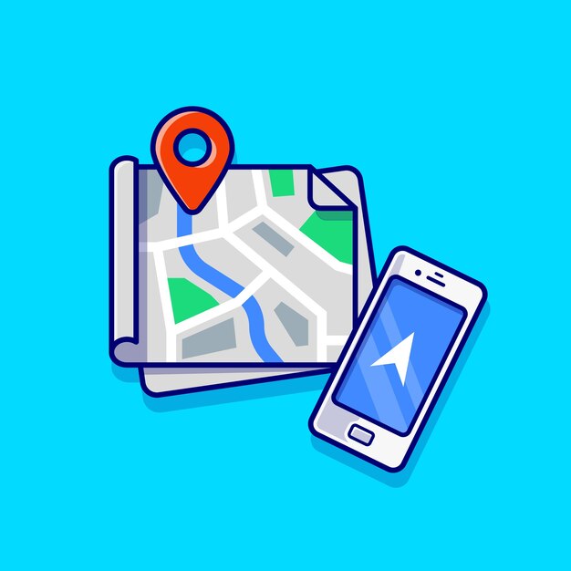 Maps Location And Phone Cartoon Icon Illustration. Transportation Technology Icon Concept Isolated  . Flat Cartoon Style