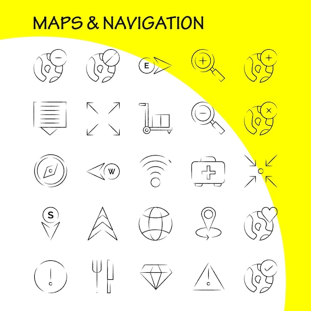 Vettore gratuito pacchetto di icone disegnate a mano per mappe e navigazione per designer e sviluppatori