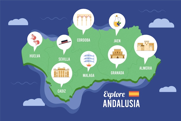 Free vector maps with pictograms for spain, andalusia