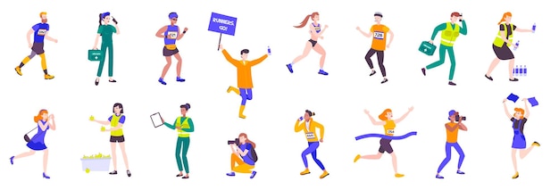 Marathon running sport set of isolated doodle style human characters with athletes doctors fans and supporters vector illustration