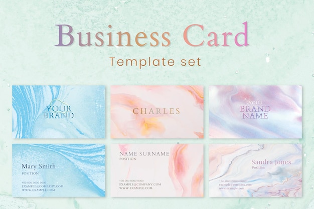 Free vector marble business card template in colorful feminine style set