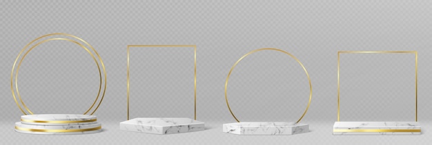 Free vector marble pedestals or podiums with golden frames and decor, round and square borders on geometric empty stages, stone exhibit displays for product presentation, gallery platforms realistic 3d vector set