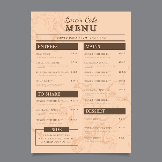 Free vector marble restaurant menu template