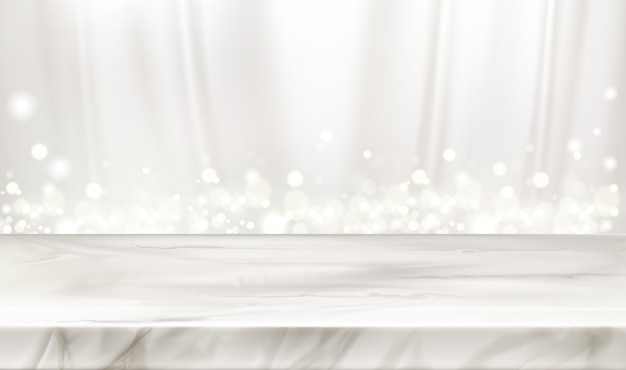 Marble stage or table with white silk curtains and glowing sparkles.