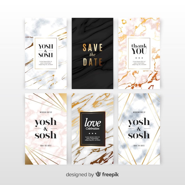 Free vector marble wedding invitation set