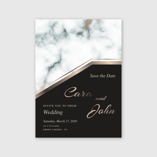 Free vector marble wedding invitation template with golden details