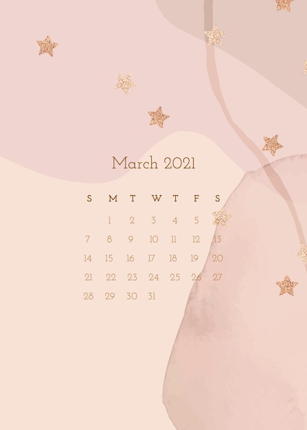 Modello di calendario marzo 2021 con texture di carta acquerello