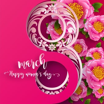 March 8 happy womans day greeting card. with gold and patterned and crystals on paper black color background.
