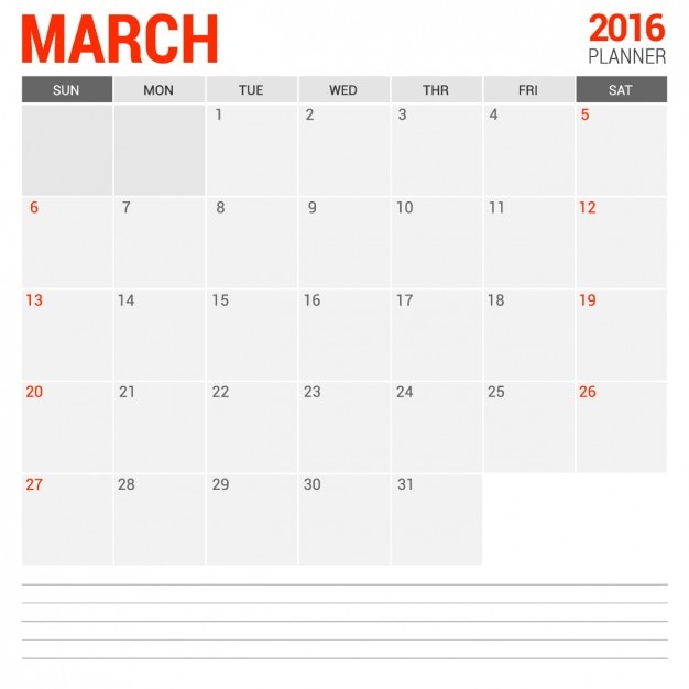 March monthly calendar 2016