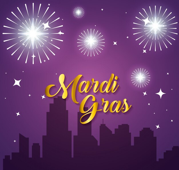 Free vector mardi gras celebration in the city with fireworks