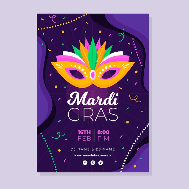 Free vector mardi gras flat design poster template with confetti