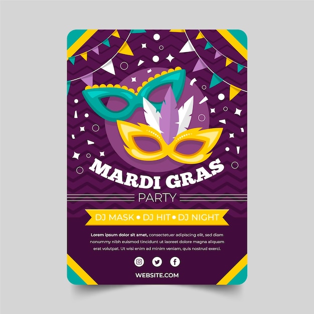 Free vector mardi gras flyer template in flat design