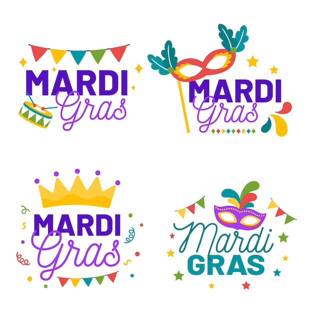 Vettore gratuito tema della collezione di etichette mardi gras