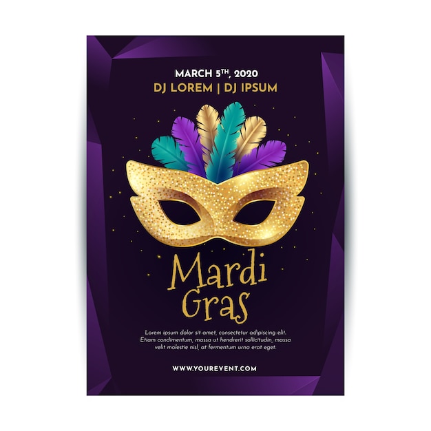 Free vector mardi gras party poster with colorful mask