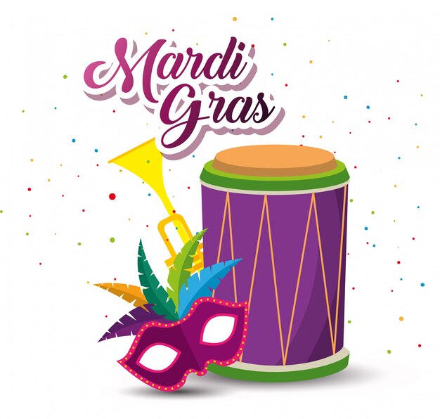 Mardi gras with drum and trumpet with mask