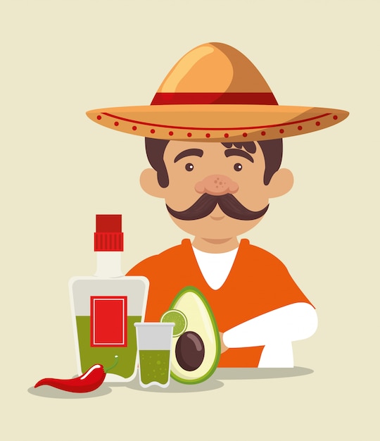 Mariachi man wearing hat with tequila and avocado