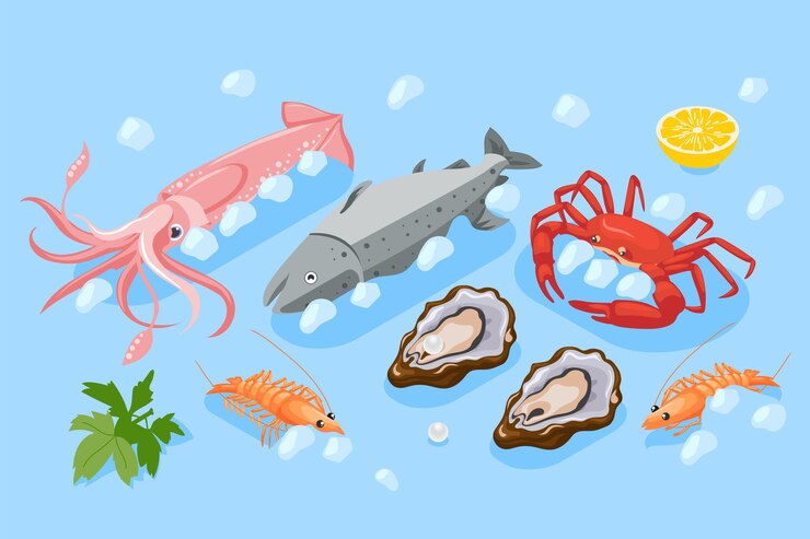 Free Vector mariculture abstract colored composition consisting of fresh fish lobster mussels crab shrimp isometric vector illustration