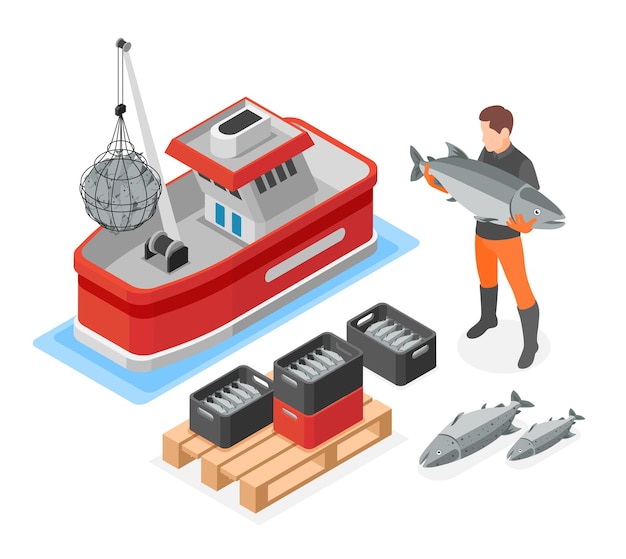 Free vector mariculture business isometric composition with fishing boat and fisher holding big freshly caught fish vector illustration