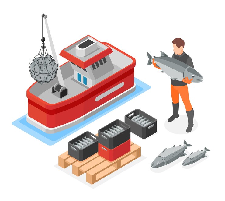 Free Vector mariculture business isometric composition with fishing boat and fisher holding big freshly caught fish vector illustration