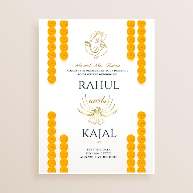 Free vector marigold flower decorative indian wedding card design