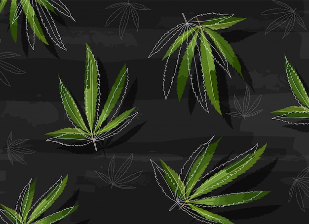 Marijuana leaves in line art style on black structured background