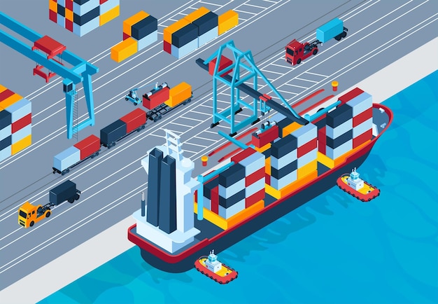 Marina isometric colored background with ship loaded with goods in containers vector illustration