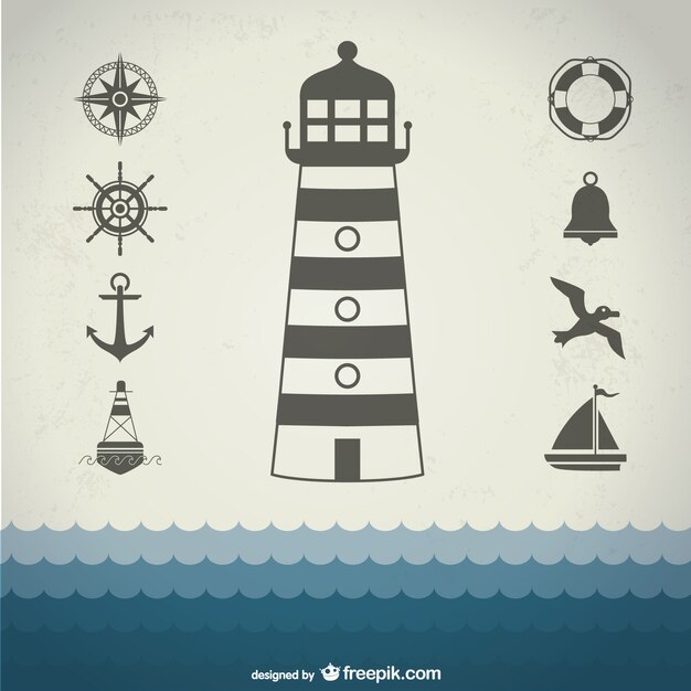 Free vector marine elements with anchor, lighthouse and seagull