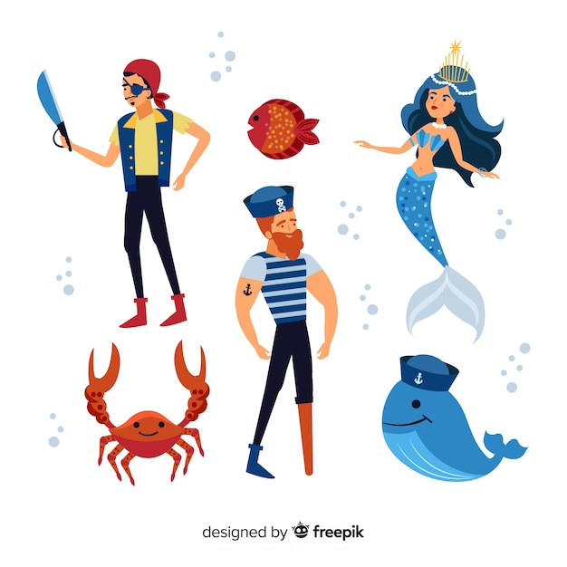 Free vector marine life character collection flat design